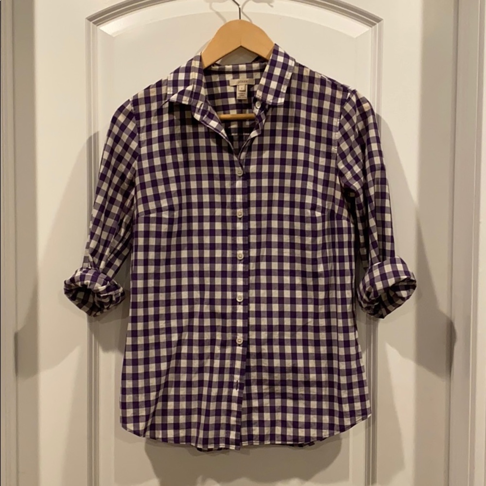 J Crew button down gingham blouse purple
